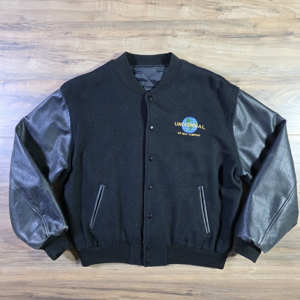 Universal Varsity Jacket 90s MCA Wool Leather Black Large VTG Letterman Bomber